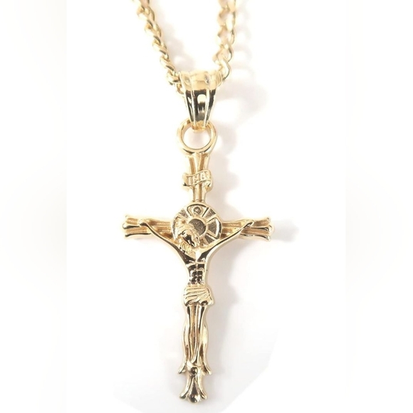 JEWELRY 24K Gold INRI Crucifix Chain Small Cross Pendant Necklace - Picture 1 of 3